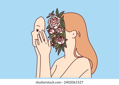 Woman with flowers in head symbolizing purity and piety or spiritual harmony holds own face in hands. Girl with flowering plants reminds of importance of harmony of inner world to achieve happiness
