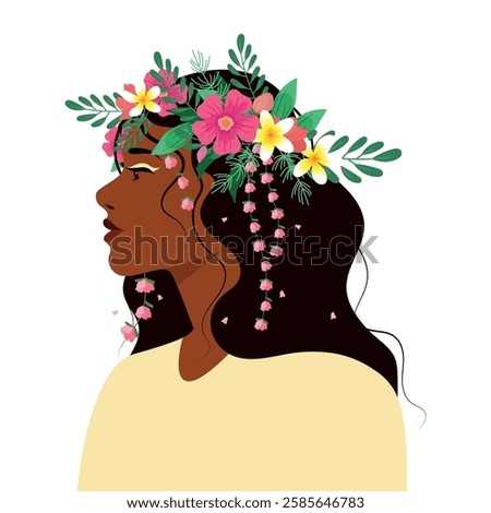Woman with flowers, Hello spring, Girl with flowers. Happy international Women's Day! March 8th, girl power, self-love, trendy design for banners, card. Greeting card for 8 March.