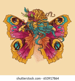 woman with flowers in her hair and butterfly wings, vector illustration