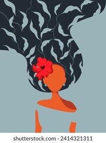 Woman with flowers in her hair. Happy International Women's Day. Illustration for March 8, Mother's Day, Valentine's Day. Vector illustration.