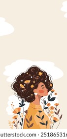 Woman with flowers in her hair on a gentle pastel beige pink background. Happy Women's Day. Happy Mother's Day. Vector vertical holiday banner with space for text. Feminism concept, women empowerment.