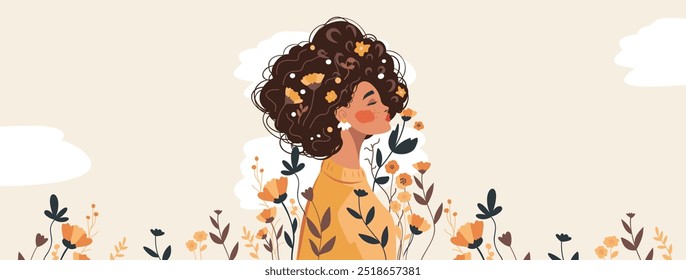 Mulher com flores em seu cabelo no fundo rosa pastel bege suave. Feliz Dia da Mulher. Feliz Dia das Mães. Banner horizontal vetorial de feriado com lugar para texto. Conceito de feminismo, empoderamento feminino.