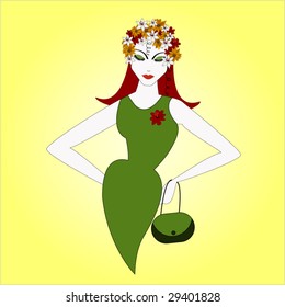 woman with flowers in her hair and purse (use with or without long hair)