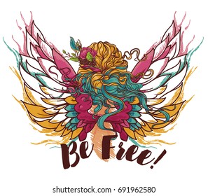 woman with flowers in her hair and wings, artistic vector illustration