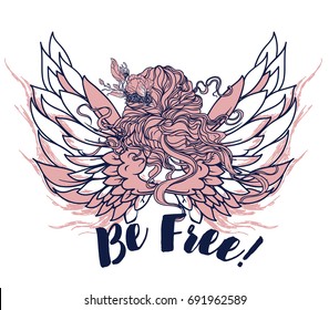 woman with flowers in her hair and wings, artistic vector illustration