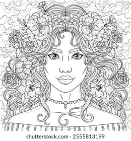 Woman with flowers in her hair.Coloring book antistress for children and adults. Illustration isolated on white background.Zen-tangle style. Hand draw