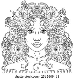 Woman with flowers in her hair.Coloring book antistress for children and adults. Illustration isolated on white background.Hand draw