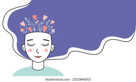 Woman with flowers from her head.Concept of mental health, calmness and balance, joy and love of life, harmony.Banner with copy space.Vector stock illustration.