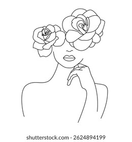 Woman with Flowers Line Art Drawing. Floral Head Creative Contemporary Abstract Drawing. Beauty Fashion Female Portrait, Elegant Vector Minimalist Art for Fashion Design, Wall Art, Prints. Not AI