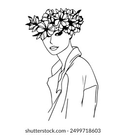 Woman with Flowers Line Art Vector Drawing. Style Template with Female Silhouette  with Flowers and Leaves. Modern Minimalist Simple Linear Style. Beauty Fashion Design	