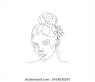 Woman with flowers line drawing vector illustration | Line art woman flower head