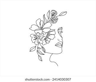 Woman with flowers line drawing vector illustration | Line art woman flower head