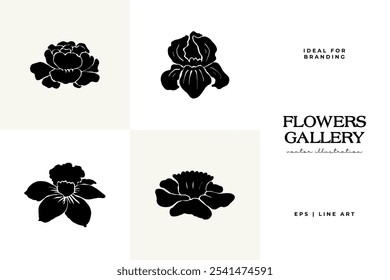 Woman with Flowers linocut Drawing. Female Figure Minimalist Illustration. Modern Trendy Line Art Drawing for Beauty Logo, Wall Decor, Fashion Minimal Print, Poster, Social Media. 