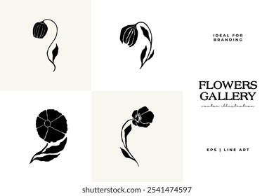 Mulher com flores linocut Desenho. Figura feminina ilustração minimalista. Moderna linha de moda desenho de arte para o logotipo de beleza, decoração de parede, Moda Impressão Mínima, Cartaz, Mídia Social. 