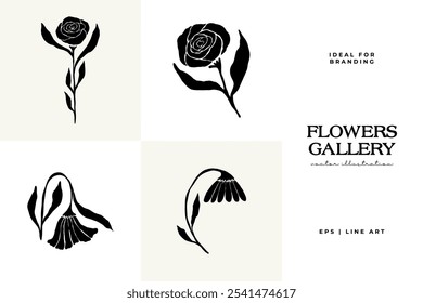 Mulher com flores linocut Desenho. Figura feminina ilustração minimalista. Moderna linha de moda desenho de arte para o logotipo de beleza, decoração de parede, Moda Impressão Mínima, Cartaz, Mídia Social. 