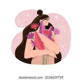 Mujer con flores. Metáfora de conciencia, paz interior y equilibrio. Muchacha abraza el ramo. Unidad con la naturaleza y el estado emocional. Atención y salud mental. Dibujo vectorial plano de dibujos animados