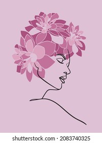 Woman with flowers on head, line art. -  Vector Illustration