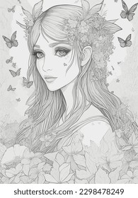 	
A woman with flowers on her head and little butterflies