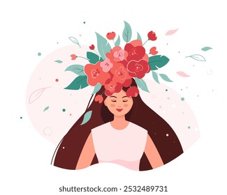 Mujer con flores en la cabeza. Pensar mentalidad positiva, felicidad, cuidado personal, amor. Bienestar, salud mental, concepto de terapia. Buen sentimiento y pensamientos