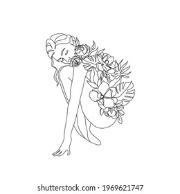 Woman with flowers and plants on body Line art vector. Self Love. Our planet. Mental health. Minimalist Modern Print. Beauty salon Logo. Natural cosmetics