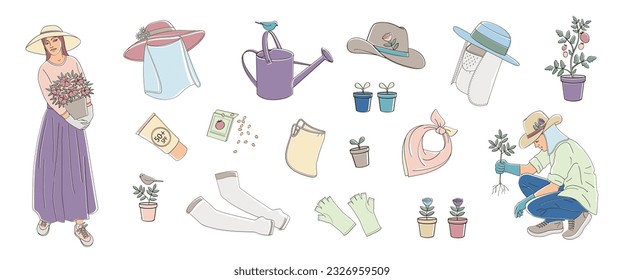 woman with flowers pot  and man in a protective hat, set elements about protective measures against the solar radiation and UV ultraviolet during gardening 