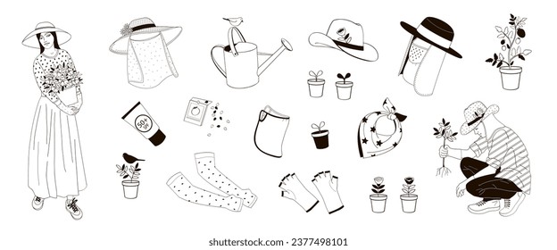 woman with flowers pot  and man in a protective hat, set elements about protective measures against the solar radiation and UV ultraviolet during gardening 