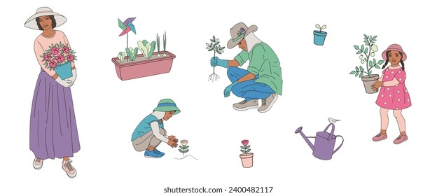 woman with flowers pot, man in a protective hat, kids boy and girl take measures against the solar radiation and UV ultraviolet during gardening