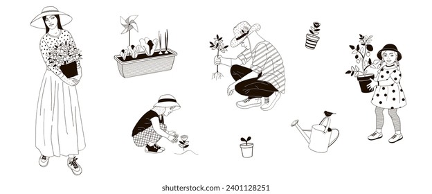 woman with flowers pot, man in a protective hat, kids boy and girl take measures against the solar radiation and UV ultraviolet during gardening black and white linear vector illustration