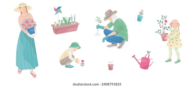 woman with flowers pot, man in a protective hat, kids boy and girl take measures against the solar radiation and UV ultraviolet during gardening