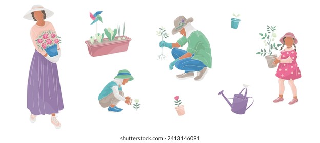woman with flowers pot, man in a protective hat, kids boy and girl take measures against the solar radiation and UV ultraviolet during gardening	