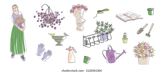 woman with flowers in pot and set elements about balcony gardening , gloves, gardening tools, watering can, pots, flowers. Linear vector illustration with colour shapes.