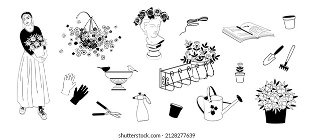 woman with flowers in pot and set elements about balcony gardening , gloves, gardening tools, watering can, pots, flowers. Black outline on white background vector illustrations.