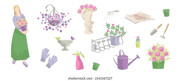 woman with flowers in pot and set elements about balcony gardening , gloves, gardening tools, watering can, pots, flowers.vector illustration with abstract colour shapes.