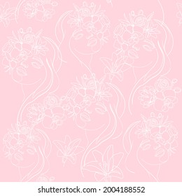 Patrón de mujeres y flores sin costura en un fondo rosado. Retrato femenino de ilustración vectorial. Una línea dibujando la tendencia moderna. Moda y belleza