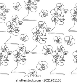 Woman and flowers seamless pattern. Vector illustration female portrait. One line drawing modern trend. Fashion, beauty, design, logo salon