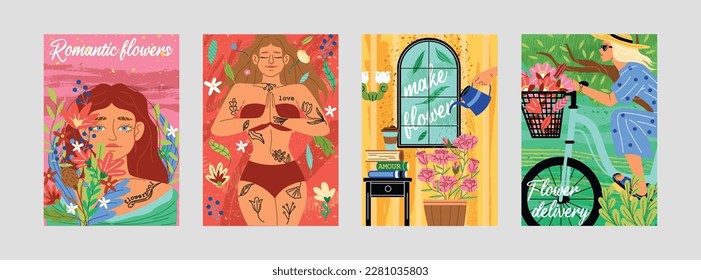 Woman with flowers set. Posters with beautiful girls and flowering plants. Aesthetic female characters with organic floral elements. Cartoon flat vector illustrations isolated on white background