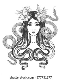 Woman with flowers and snakes. Tattoo art, coloring books. Hand drawn vector illustration Isolated on white background.