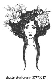 Woman with flowers. Tattoo art, coloring books. Hand drawn vector illustration Isolated on white background.