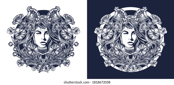 Woman and flowers tattoo. Art nouveau fashion girl t-shirt design. Black and white vector graphics 