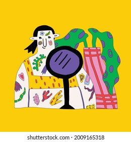 woman with a flowers tattoo on her face looks in the mirror.beauty routine and holistic health.self-love, body positivity and body representations.childish hand drawn bizarre style.work life balance