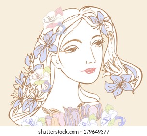 Woman with flowers. Vector Illustration 