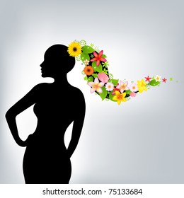 Woman And Flowers, Vector Illustration