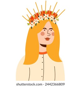 Woman with flowers wreath. Summer Solstice. Used for greeting card, and poster design.