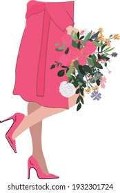 Woman with flowers.Print with flowers.Beauty, fashion, gift, love concept.Fashionable lifestyle and womens day present illustration.