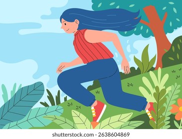 A woman with flowing blue hair joyfully running through lush greenery in spring