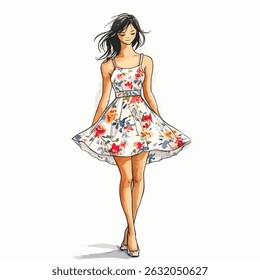 A woman in a flowing, floral-patterned dress, depicted in a fashion illustration style. The dress features a light-colored base with vibrant flowers. The figure is presented in a walking pose