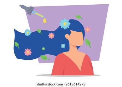 Woman with flowing hair adorned with colorful flowers. Dropper from above hinting at organic beauty product