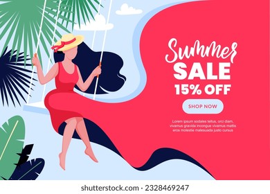 Mujer con vestido rosa flotando sentada en columpio bajo la palmera. Ilustración de dibujos animados planos vectores. Las vacaciones de verano, el concepto de viajes a los balnearios marítimos. Plantilla de banner de venta con fondo de tela roja ondulada