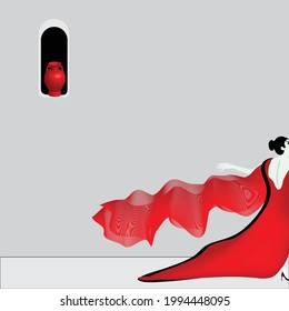 A woman in a flowing red gown exits the frame of the image.