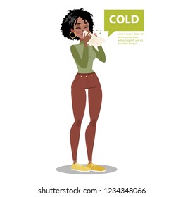 Woman with flu or cold sneezing. Common symptom of virus infection. Idea of healthcare and treatment disease. Flat vector illustration